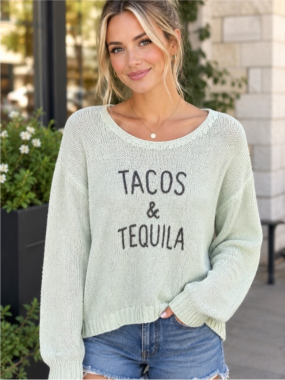 Wooden Ships Tacos & Tequila Green Sweater XS Small